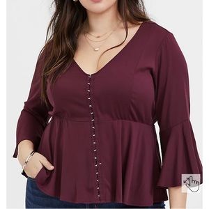 BURGUNDY PURPLE CHALLIS BELL SLEEVE MIDI BABYDOLL TOP